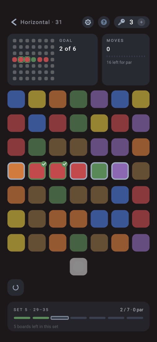 A level in progress: a 7×7 board of colored tiles, the goal row outlined, two cells already ticked green, and the gray square waiting below the board.