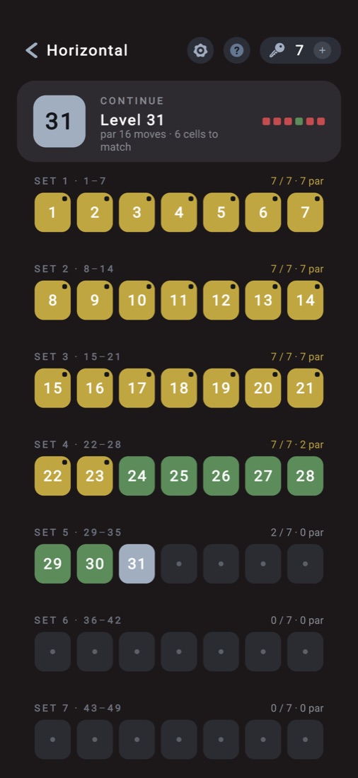 The level list: seven sets of seven, gold tiles for levels cleared at par.