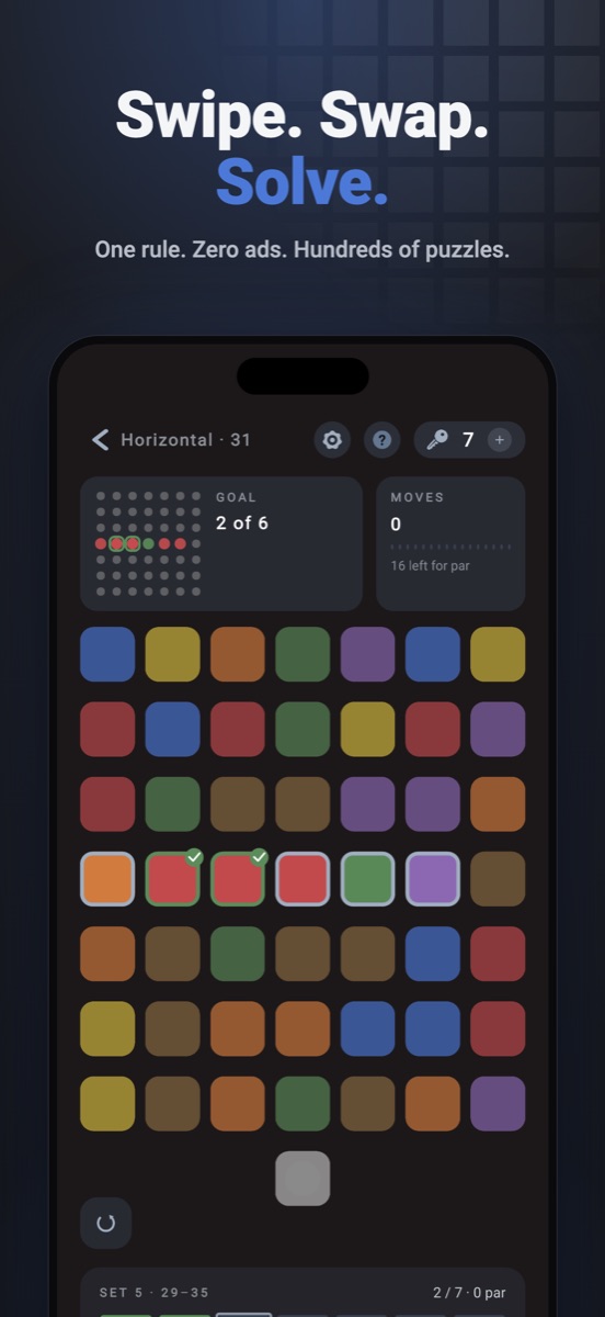 Swipe. Swap. Solve. — a level in progress with the goal row outlined.