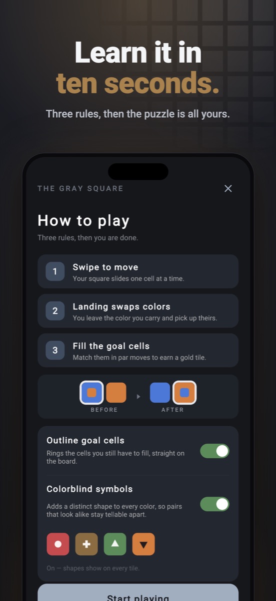 Learn it in ten seconds. — the How to play screen.