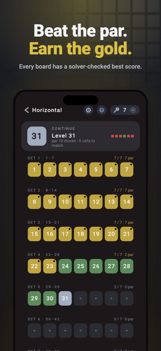 Beat the par. Earn the gold. — the level list with gold tiles.