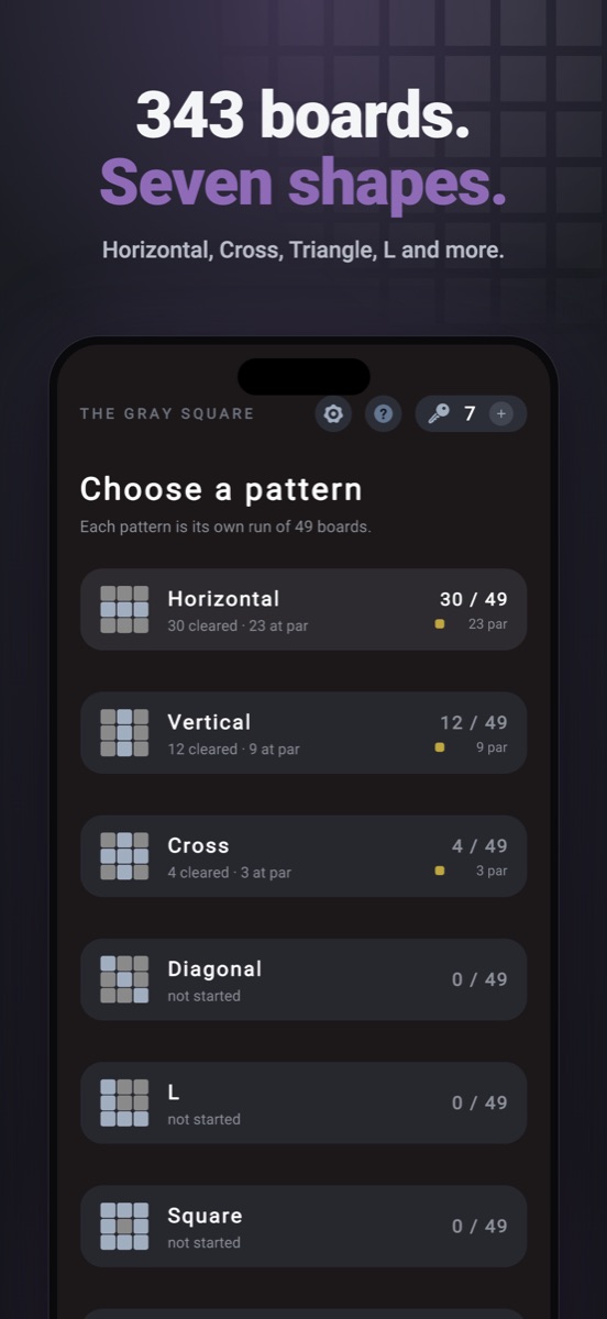 343 boards. Seven shapes. — the pattern list.