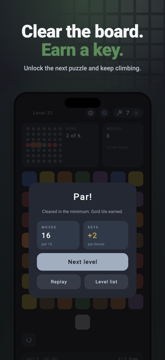 Clear the board. Earn a key. — the win panel.